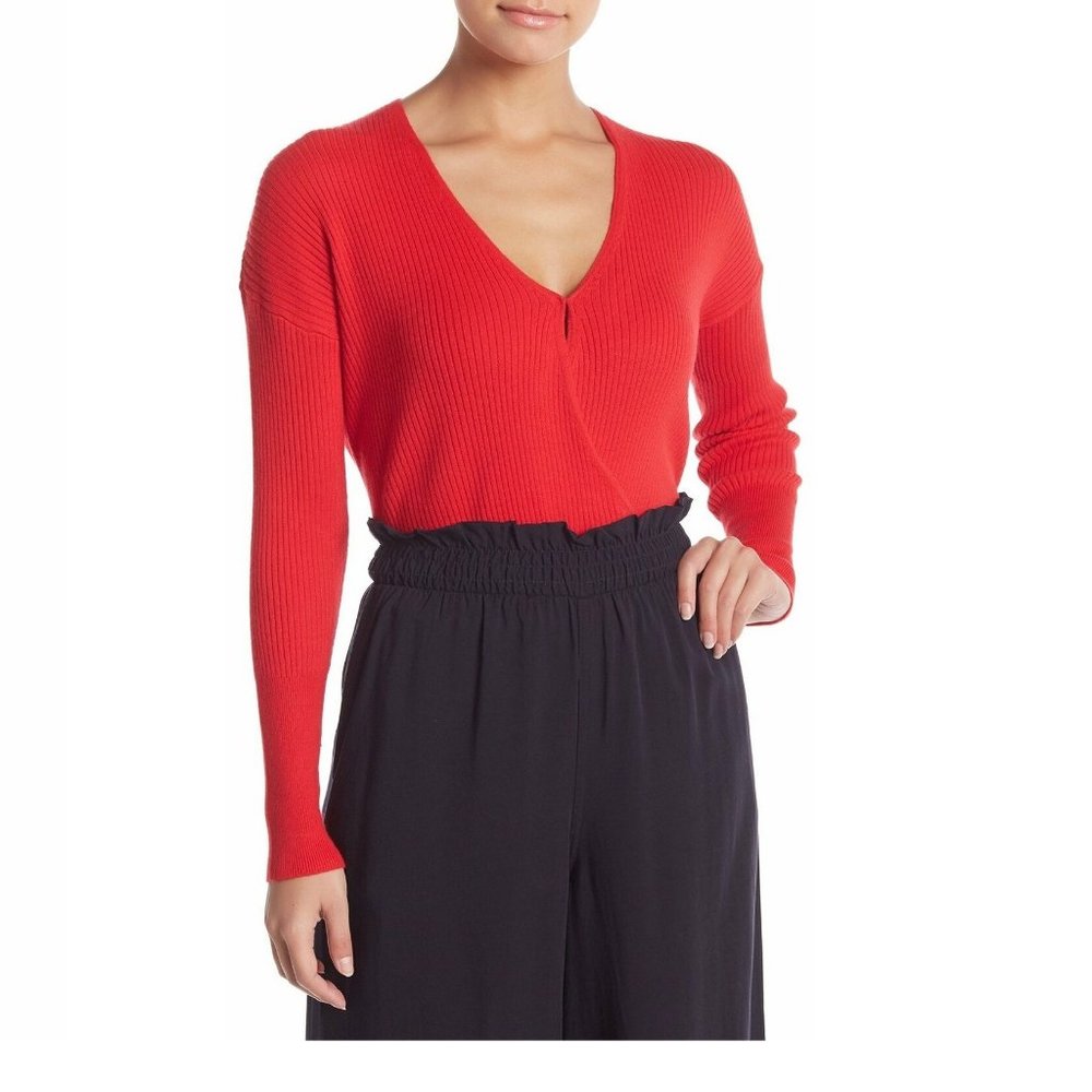 Elodie Women Surplice neck Ribbed Wrap Sweater | Size - Medium | BRIGHT RED